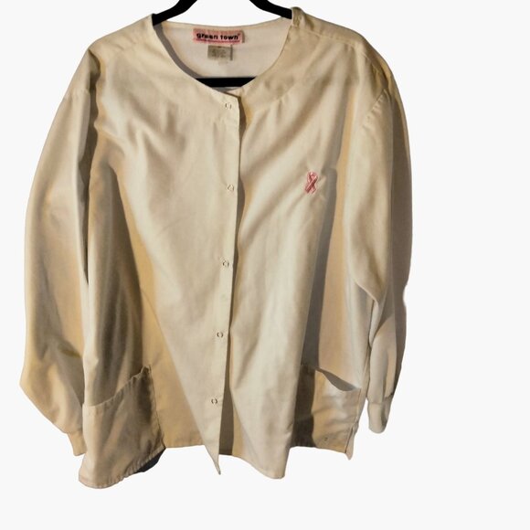 Green Town Pink Ribbon Scrub Top White Jacket Long Sleeve 2X - Picture 1 of 8